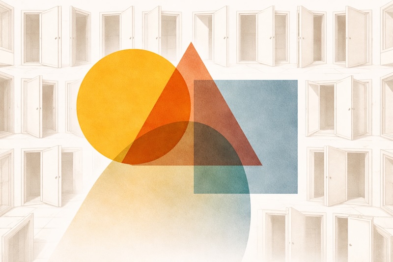 Abstrakte Illustration mit drei sich überlappenden geometrischen Formen. Im Hintergrund ein Raster aus offenen und geschlossenen Türen als Textur.