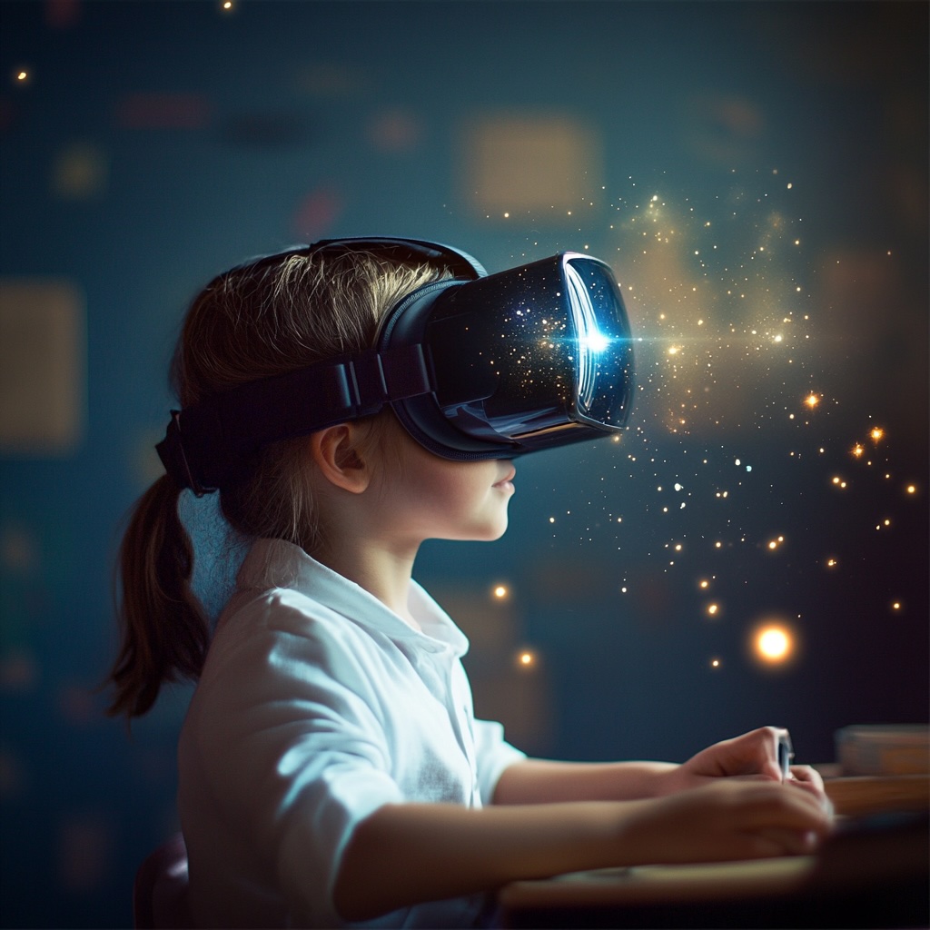 Ein junges Mädchen sitzt an einem Tisch und trägt ein großes Virtual-Reality-Headset. Aus dem Headset scheinen leuchtende Funken und Lichtpartikel zu strömen, die eine magische, traumartige Atmosphäre erzeugen. Der Hintergrund ist unscharf und dunkel, wodurch das Leuchten besonders hervorsticht.