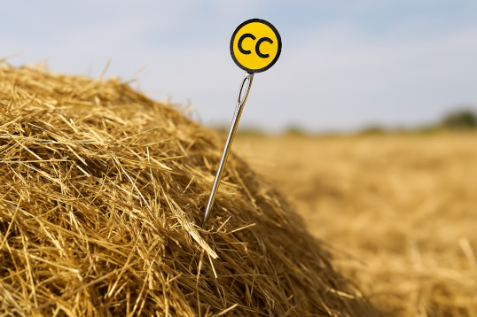 Eine Nadel, deren kreisförmiger Kopf ein Symbol der CC-Lizenz zeigt. Sie steckt in einem Haufen aus Stroh.