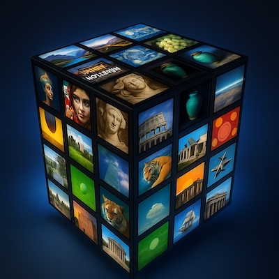 Ein 3D-Bild eines schwarzen Würfels, dessen Flächen aus vielen rechteckigen Screens bestehen. Auf jedem Screen ist ein Foto oder Bild dargestellt, z. B. Landschaften, Architektur, Tiere, Kunstwerke, Symbole und Objekte in kräftigen Farben. Der Würfel ist leicht gedreht im Raum schwebend, mit blauer Hintergrundbeleuchtung, sodass er futuristisch und modern wirkt. Der Stil soll fotorealistisch und detailreich sein, wie eine digitale Collage aus kleinen Monitoren.